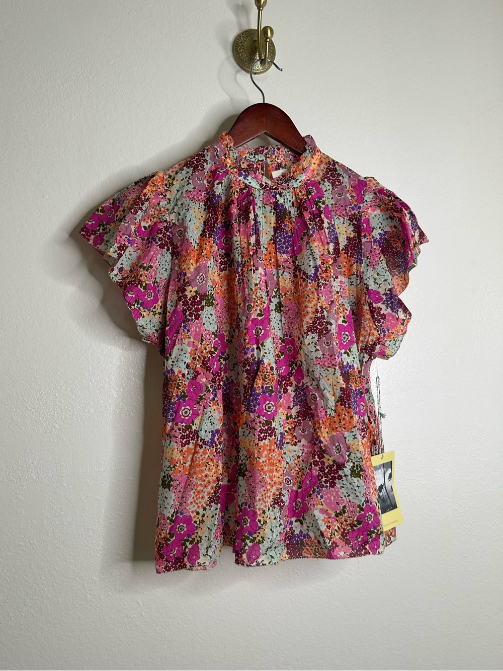 NWT Trovata 100% Cotton Carla High Neck Pink Multicolor Floral Blouse - Picture 1 of 16